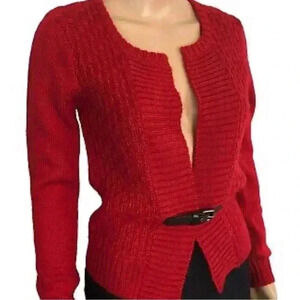 Max Studio Red Wool Alpaca Blend Cardigan Sweater Sz L Buckle Waist Stretch Knit
